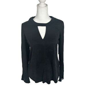 New Ecru Top Blouse Shirt Black Stretch Long Sleeve Small Keyhole Business Party